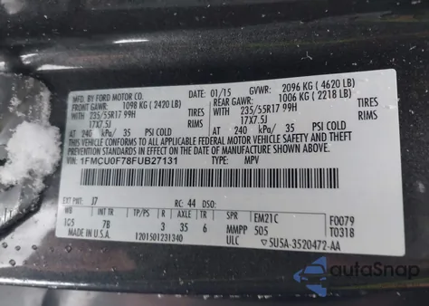 2015 Ford Escape S from USA, damaged, VIN 1FMCU0F78FUB27131
